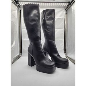 Black faux Leather Chunky Gogo 4" Heel Boots Square Toe Half Zip Bratz Style 10M
